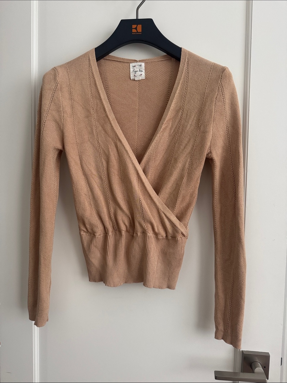 Hippie Rose Wrap-Front Long Sleeve Sweater in Camel